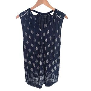 Lucky Brand Sleeveless Blouse Peasant Top Navy White Large